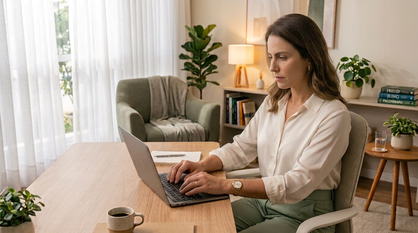 Psicóloga organizando sua agenda no notebook, em um consultório acolhedor.